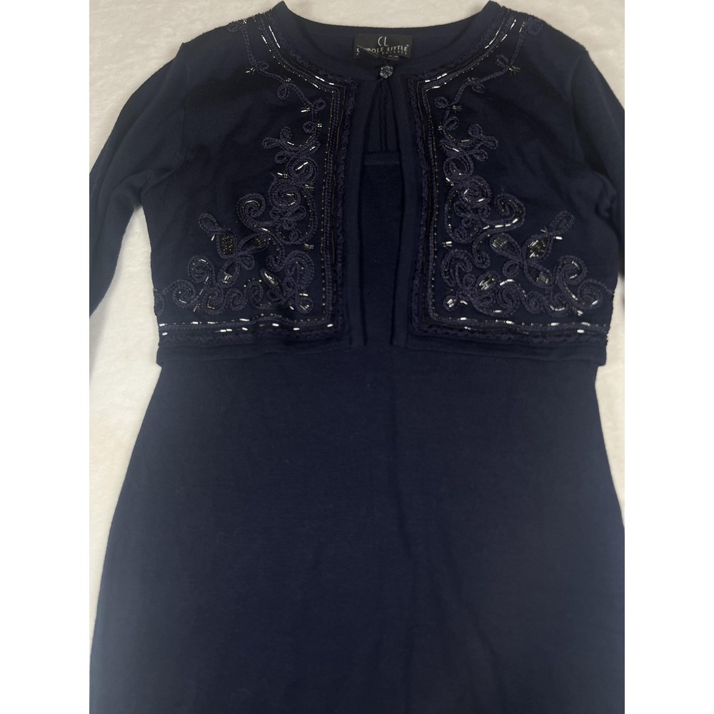 Vintage Carole Little Dress Womens Petite Medium Navy Blue Beaded Sweater Sheath